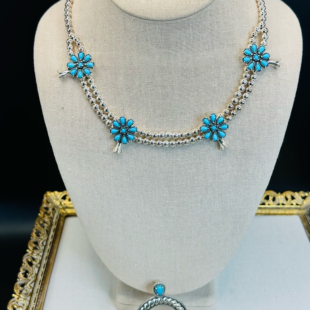 Carolyn Pollack 925 Sterling Silver West Turquoise Squash Blossom Necklace - Picture 8 of 8
